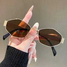 1 par de gafas de moda unisex con marco de metal vintage en forma de rombo y poligonal, marco de metal único adecuado para fotografía callejera, vacaciones y uso diario - Dorado - Ver 4