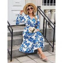 Women's Floral Midi Dress Long Sleeve V Neck Smocked Ruffle Boho Fall Dress - 藍色 - 查看 6