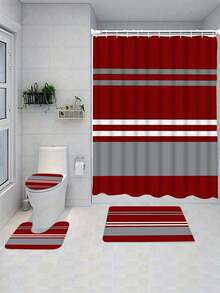 4pcs Minimalist Striped Shower Curtain Set - Includes Fabric Shower Curtain, Bath Mat, U-Shaped Mat, Toilet Lid Cover, European Minimalist Red & Gray Stripes - Multicolor - View 8