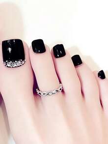 24pcs Short Square Glossy Black Nail Tips With Shiny Rhinestones, Elegant And Versatile For Dates, Parties, Spring/Summer, Autumn/Winter Daily Wear, Removable Press-On Nails Set Includes Gel Polish And File, Durable And Easy To Wear, Random Gel Color Shipped - Black - View 3