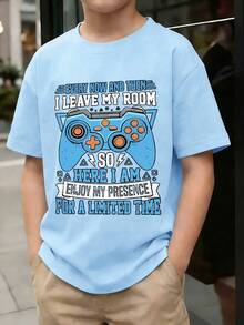 男童电子游戏字母印花圆领短袖T恤，新款春夏儿童图案T恤 - 淺藍色 - 查看 1