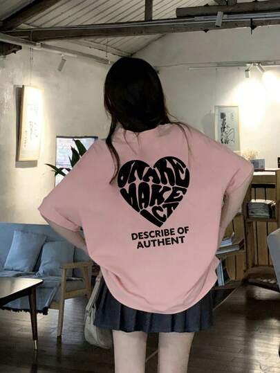 女士休闲圆领宽松字母爱心印花短袖T恤，春夏款