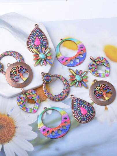 12pcs Zinc Alloy Painted Bohemian Charms Set, Teardrop & Round Geometric Pattern Colorful Earring Pendant Suitable For Women Earrings, Necklaces, Jewelry DIY