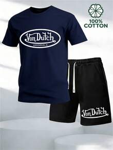 Y2K Retro Men's Two Piece Outfit, Classic VonDutch Style Logo Print Casual T Shirt And Shorts Set.Graphic T Shirt.Mens Clothes.Shorts.Men 2 Piece Set.Cotton Graphic Tees.Graphic Tees.Summer Clothes - 藏蓝色 - 查看 1
