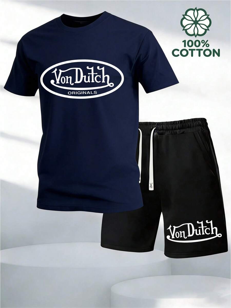 Y2K Retro Men's Two Piece Outfit, Classic VonDutch Style Logo Print Casual T Shirt And Shorts Set.Graphic T Shirt.Mens Clothes.Shorts.Men 2 Piece Set.Cotton Graphic Tees.Graphic Tees.Summer Clothes - 藏蓝色 - 查看 1