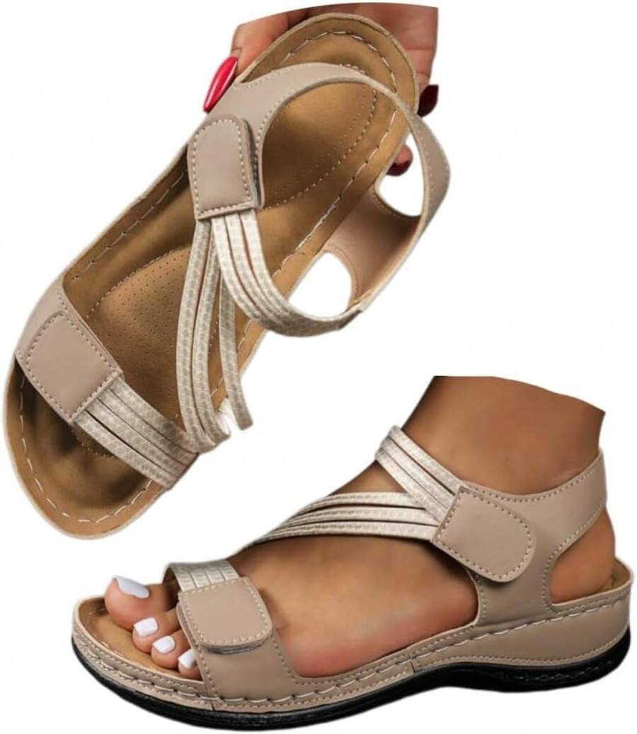 Orthopedic Wedge Sandals Women 2026 Wide Width Platform Sandals With Arch Support Ankle Strap Casual Summer Open Toe Hollow Out Comfortable Vacation Shoes - 卡其色 - 查看 1
