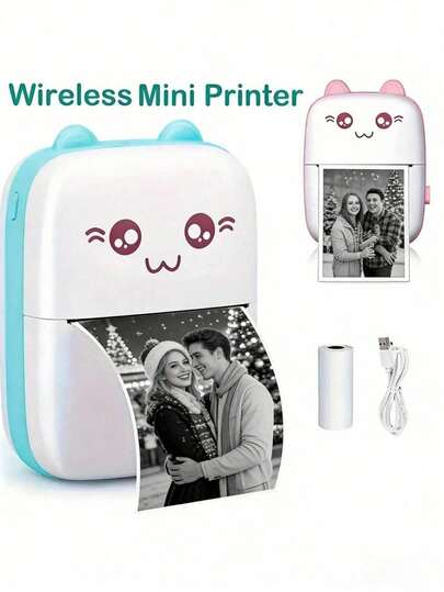 1 pieza Impresora portátil mini de bolsillo, impresora térmica inalámbrica, impresora de etiquetas para etiquetas, recibos, fotos, notas, impresora térmica compacta e inteligente sin tinta, recargable por USB - Diseño de dibujos animados lindos, con batería de 1200mAh, regalo pensativo para familiares y amigos en vacaciones y cumpleaños