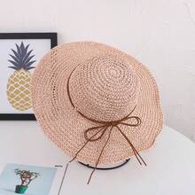 女士大檐遮阳帽，清新韩风草帽，多功能沙滩旅行防晒帽 - 鹿皮絨帶平針草帽 - 查看 12