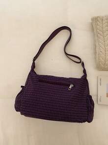 新款格子蝴蝶结抽绳云朵褶皱单肩斜挎包 女士 - 紫色 - 查看 2