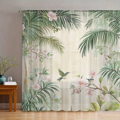 2 tấm rèm trong suốt in họa tiết hoa lá, thiết kế có khe luồn thanh treo, giúp che chắn tầm nhìn, phong cách màu nước, rèm trang trí nhà cửa in họa tiết, thích hợp cho nhà bếp, quán cà phê, phòng ăn, ban công, sân vườn, phòng ngủ.