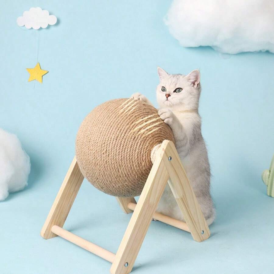 1 tấm cào móng cho mèo, bóng đồ chơi bằng gỗ cho mèo, trụ cào móng bằng dây sisal cho thỏ, cây cào móng bền chắc cho mèo, đồ dùng cho thú cưng - Màu be - Xem 1