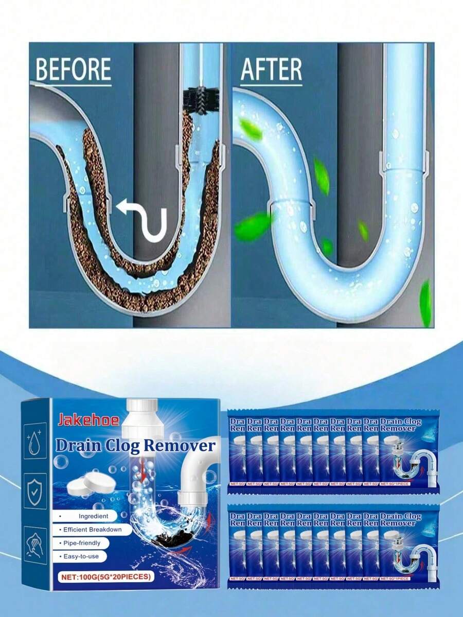 jakehoe 管道清潔錠，排水管堵塞清除粉末，下水道馬桶廚房堵塞管道疏通清潔粉，可除臭、有效疏通、清潔與維護，清潔水槽與排水管，去除管道中的油脂、頭髮、皂垢及其他成分，減少堵塞造成的污垢堆積，去除下水道異味，淨化空氣環境，有益於呼吸系統健康，留下清新香氣