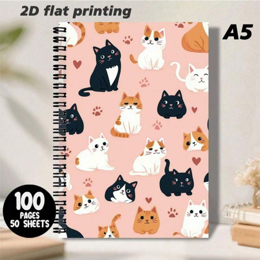 Sổ tay lò xo cỡ A5 với họa tiết mèo dễ thương, mang lại trải nghiệm viết mượt mà cho việc ghi chú hàng ngày và ghi lại cảm hứng. Nền màu hồng nhạt với các họa tiết mèo đáng yêu, dấu chân và hình trái tim, phong cách nhẹ nhàng và vui tươi, vật dụng thiết thực để ghi lại cuộc sống và lên kế hoạch. - B - Xem 1