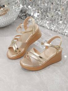 1 Pair Gold Girl Platform Sandals, Solid Soft Glitter Imitation Leather Adjustable Strap, Round Toe Lightweight 4CM Thick Bottom Increased Height One-Piece Metal Rhinestone Buckle Design, Fashionable Luxurious Princess Style High Heel Sandals, Suitable For Daily Casual, Vacation, Holiday, Party, Spring/Summer New Arrival - Gold - View 9