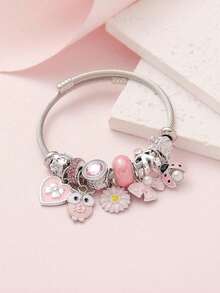 1 chiếc vòng tay bằng thép không gỉ đính hạt hình cú mèo, hoa cúc, nơ, bọ rùa và trái tim dễ thương, vòng tay DIY hình trái tim và ngôi sao sáng tạo, phù hợp cho nữ, dự tiệc, đeo hàng ngày, quà tặng ngày lễ. - Nhiều màu - Xem 10