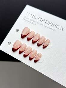 10 Stücke rein handgefertigte Press-On Nagelspitzen, kurze Mandelform Press-On Kunstnägel, handbemalte weinrote French Nails mit Nude-Basis, dekoriert mit winzigen weißen Perlen, geeignet für den täglichen Gebrauch für Frauen und Mädchen, inklusive komplettem Nagelset - Verschiedenfarbig - Übersicht 1