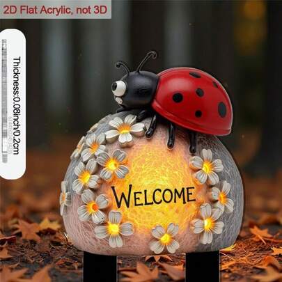 Cọc cắm đất hình bọ rùa và hoa thiết kế phẳng 2D, 1 chiếc - Đầu nhọn - Chất liệu acrylic, cọc cắm đất ngoài trời có chữ "Welcome", thích hợp trang trí chậu cây, làm quà tặng sân vườn - Bọ rùa trên đá với họa tiết hoa, dùng trang trí lối đi/đường dẫn vào nhà, thiết kế phẳng 2D.