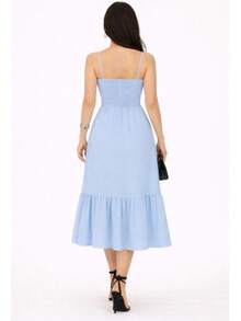 Long Dress In Viscose Linen, Plain, With Thin Straps, Buttons Down The Front, Padded Cups And Lining. Elasticated Back. - Baby Blue - View 4