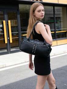 Túi xách nữ phong cách Punk đính đinh tán, túi đeo vai, túi xách tay, túi nữ màu đen có họa tiết, dung tích lớn. - màu đen - Xem 2