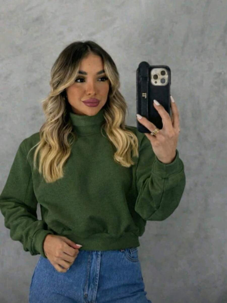 Moletom Feminino Cropped Gola Alta Dobrável Blusa de Frio Flanelada