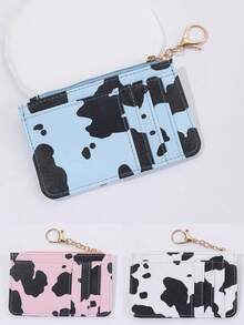女士奶牛纹卡包钱包，金色拉链和钥匙环，可容纳多张卡片的信用卡夹，可爱动物图案拉链零钱包，时尚女孩配饰，有3种颜色可选（粉色、天蓝色、白色），完美的礼物之选。 - 彩色 - 查看 4