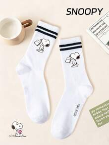 1/5 Pasang Kaos Kaki Pria Setinggi Betis Motif SNOOPY Asli, Kaos Kaki Olahraga Garis Ganda, Desain Kartun Lucu, Kaos Kaki Pria SNOOPY Unik - MultiWarna - View 12