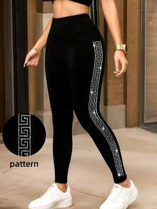 1 pieza Leggings ajustados de punto con rayas laterales brillantes y adornos de diamante de imitación para mujer - Negro - Ver 1