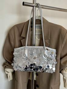 新款流苏亮片手提包，大容量多功能女士单肩托特包 - 銀色 - 查看 6