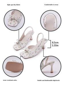 Giày cao gót mũi vuông in nơ gợi cảm dành cho nữ, giày cao gót mảnh màu đỏ thích hợp cho đám cưới, giày phù dâu, sandal quai hậu hở mũi thanh lịch, đa năng dành cho phụ nữ trưởng thành. - Màu be - Xem 4