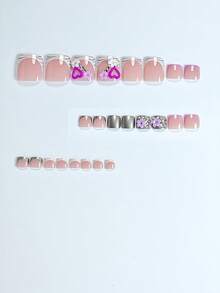 24pcs Short Square Toe Nail Art Stickers, Elegant Leopard Print, Sparkling Rhinestone Heart & Flower Designs, Glossy Finish, Versatile For Dates, Parties, Spring/Summer, Autumn/Winter Daily Wear, Removable Press-On Nails Set With Jelly Gel And File Included, Random Jelly Gel Color - Multicolor - View 2