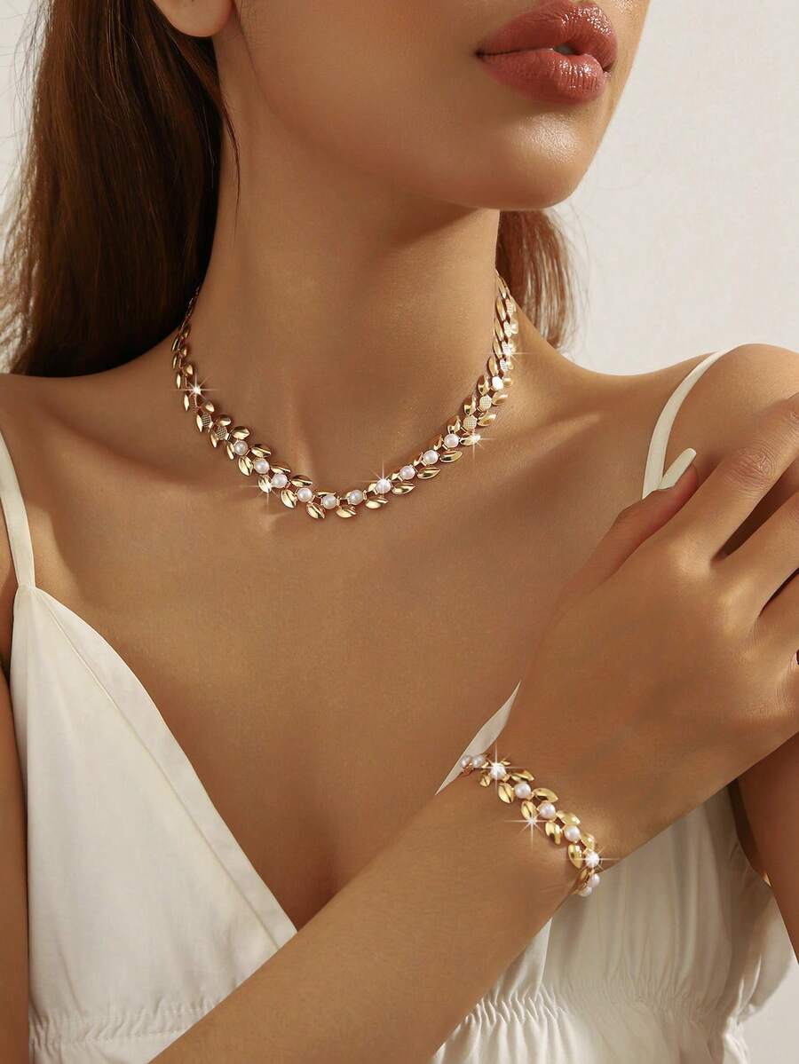 Bộ dây chuyền và vòng tay ngọc trai mạ vàng kiểu Pháp cổ điển thanh lịch, bộ 2 món dây chuyền xương đòn cao cấp dành cho nữ. - Vàng - Xem 1