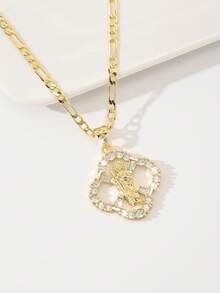 14K Gold Plated Anti-Oxidation Anti-Fading Four-Leaf Clover Virgin Mary And Judas Necklace, 60cm Figaro Chain Structure Sturdy And Smooth Adjustable, Delicate Four-Leaf Clover Outline, High-Definition Virgin Mary And Judas Image, Secure Zirconia Inlay. An Ideal Gift For Religious Friends, Girlfriends And Elders, Symbolizing Good Luck And Faith Memorial Value. - Judah - View 6