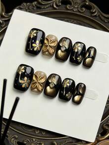 10片/套 手工可佩戴美甲贴，金色捏花假指甲，奢华深色美白可拆卸美甲贴纸，女士适用 - 彩色 - 查看 11