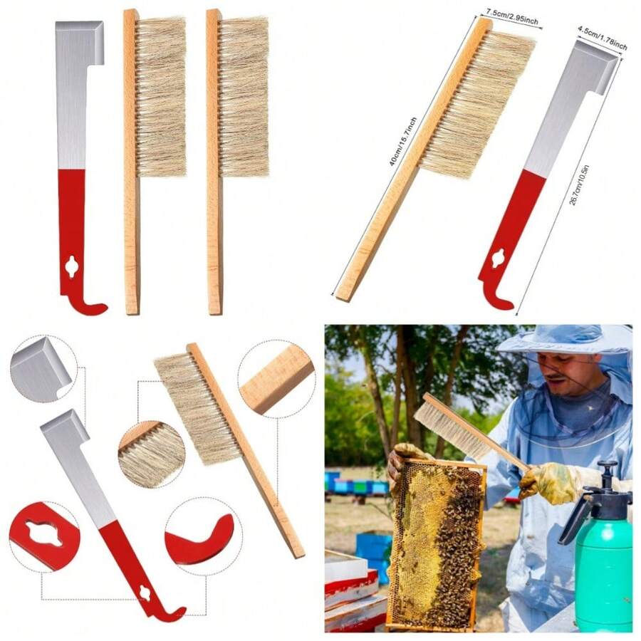 Stainless Steel Bee Hive Frame Lifter J Hook Tool With Scraper And 2 Beekeeping Brushes For Hive Maintenance - 1 - View 1