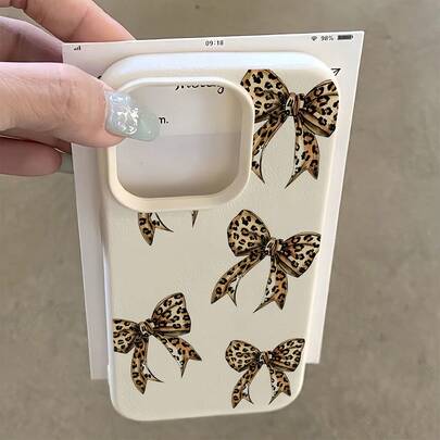 1pc White Matte Crocodile Texture Personalized 5 Leopard Print Bow Phone Case, Compatible With Iphone 16 Pro Max, 17/16/15/14 Plus/13/12/11, Air, Series