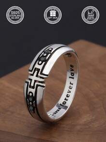 1pc S925 Sterling Silver Vintage Hollow Cross Faith Ring, Couple Rings With Black Zirconia "Forever Love" Engraved, Daily Wear, Gift Box Included - Couple Cross - View 1
