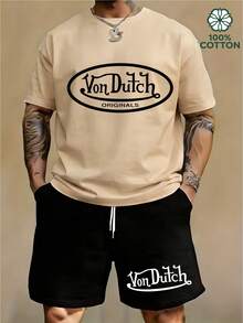 Y2K Retro Men's Two Piece Outfit, Classic VonDutch Style Logo Print Casual T Shirt And Shorts Set.Graphic T Shirt.Mens Clothes.Shorts.Men 2 Piece Set.Cotton Graphic Tees.Graphic Tees.Summer Clothes - 杏色 - 查看 2