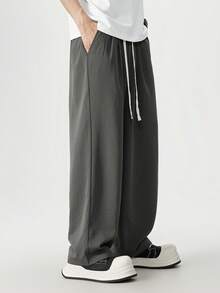 Plus Size Gray Casual Pants, Men's Loose Slimming Drawstring Draping Linen Straight Leg Trousers - Grey - View 3