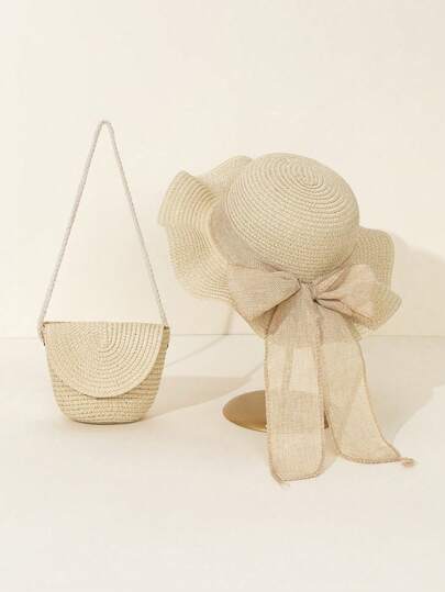 Bộ 2 món, bao gồm: Mũ đi biển lượn sóng và túi đeo vai dệt - Được thiết kế với nơ trang nhã, nhẹ và thoáng khí, phù hợp cho kỳ nghỉ biển và các hoạt động ngoài trời mùa xuân/hè, phụ kiện đi biển.