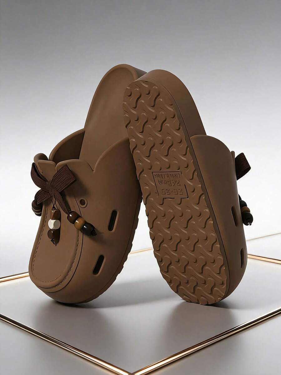1 Pair Fashionable Versatile Bowknot EVA Slide Sandals, Non-Slip Sole Design, Flat Casual Breathable Shoes, Suitable For Spring/Summer - Coffee Brown - View 1