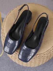 2026 女士格纹压花蓝色方头无后跟套脚鞋，3厘米低方跟单带百搭通勤时尚鞋 - 藍色 - 查看 4