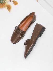 Women's Elegant Brown Stone Texture Bow Tie Flat Square Toe Loafers, Suitable For Home And Office (Shoe Upper Pattern Random) - Brown - View 5