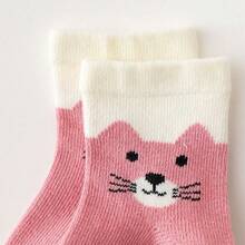 5双装女婴可爱猫爪条纹印花短袜，柔软透气，粉色卡通动物图案，适合幼儿日常穿着 - 西瓜粉 - 查看 5