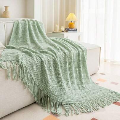 1pc Minimalist Elegant Wheat Ear Knitted Blanket, Versatile For All Seasons, Sofa/Bed/Shawl, Solid Color Knitted Warm Throw Blanket, Machine Washable, Multi-Functional Blanket For Living Room & Bedroom, Soft & Skin-Friendly, Sofa Nap/Bed Decor, Office, Camping, Comfortable Throw Blanket, Versatile Gift