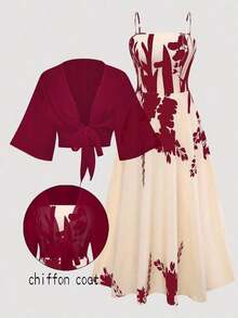 2 Pieces Women's Floral Chiffon Dress & Elegant Romantic Date Outfit Summer Spring - 酒紅色 - 查看 11