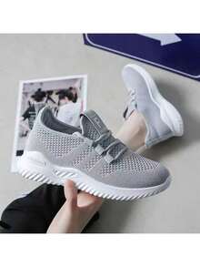 Women's Breathable Knit Slip- Shoes - Lightweight Low-Top Sneakers With Soft EVA/PVC Sole, All-Season Comfort For Walking, Jogging & Casual Wear - White, Ladies Sneakers, Round Toe Design, Cushioned Sole, Women - Màu Xám nhạt - Xem 5