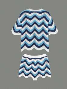 Women's Spring European And American Fashion Hollow Crochet Knit Short Sleeve Top And Casual Shorts Two Pieces Set Vacation - 多色 3 - 查看 6