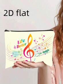 1个可爱动物音乐艺术印花洗漱包，金色链条老虎、快乐水獭、虎斑小猫图案，印有“生活因魔法而更美好”的音符图案，便携式旅行收纳化妆包，学生文具包 - 彩色 - 查看 2