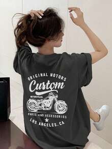 Women's Casual Loose Fit Round Neck Letter & Motorcycle Graphic Print Short Sleeve T-Shirt, Versatile For Spring/Summer - Dark Grey - View 3