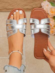 Sandal nữ bằng da PU màu trơn kẻ sọc, kiểu dáng khoét lỗ, thích hợp cho mùa xuân/thu đi biển và mặc ở nhà. - Bạc - Xem 4